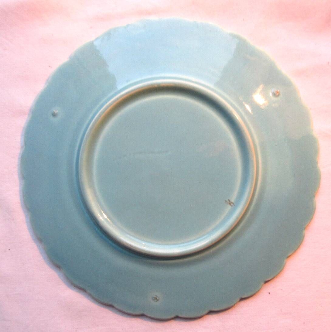 Art Deco Sarreguemines blue slip plate: 2 Birds pecking grapes
