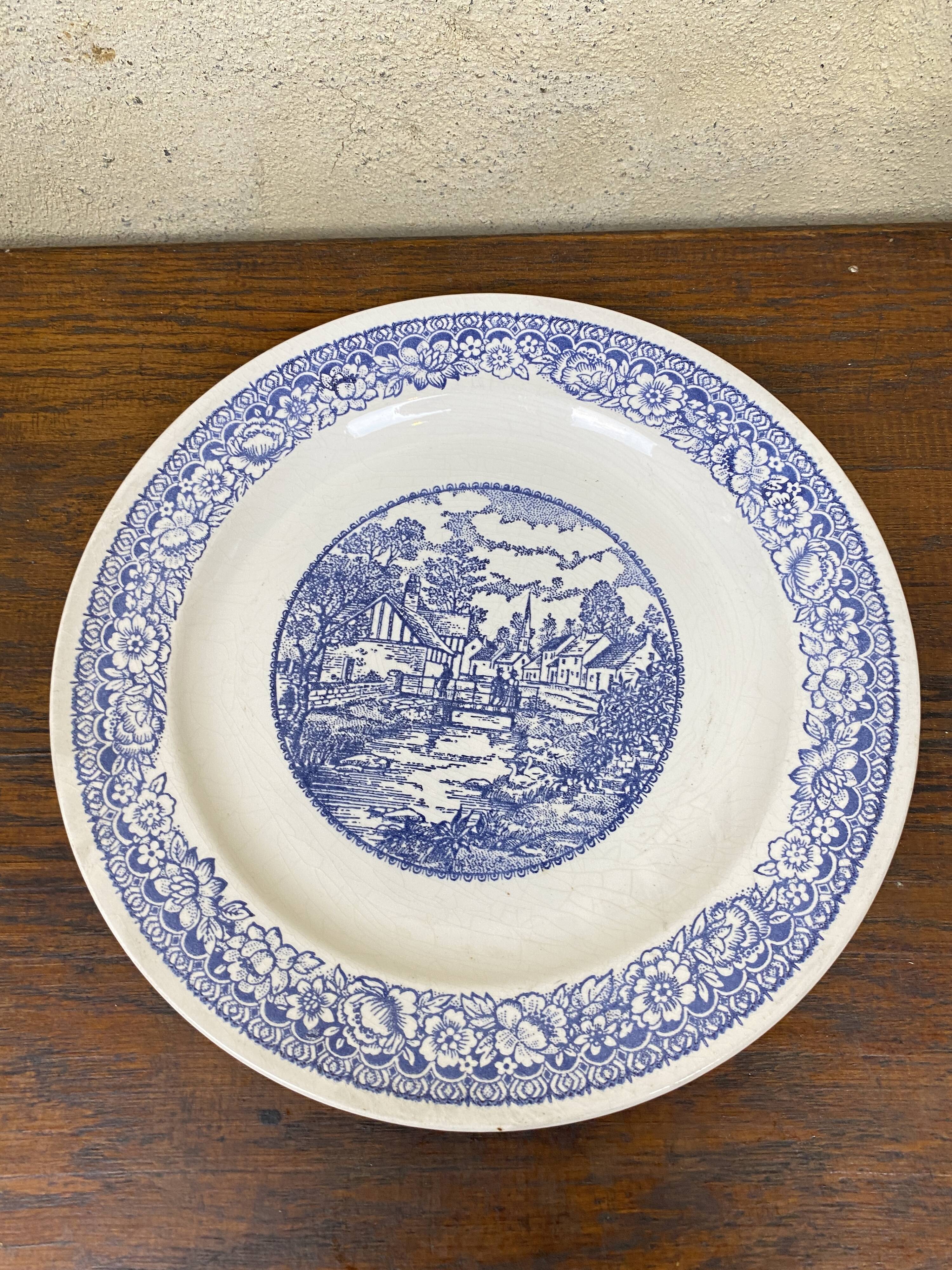 Large blue and white porcelain plate 20th art nouveau