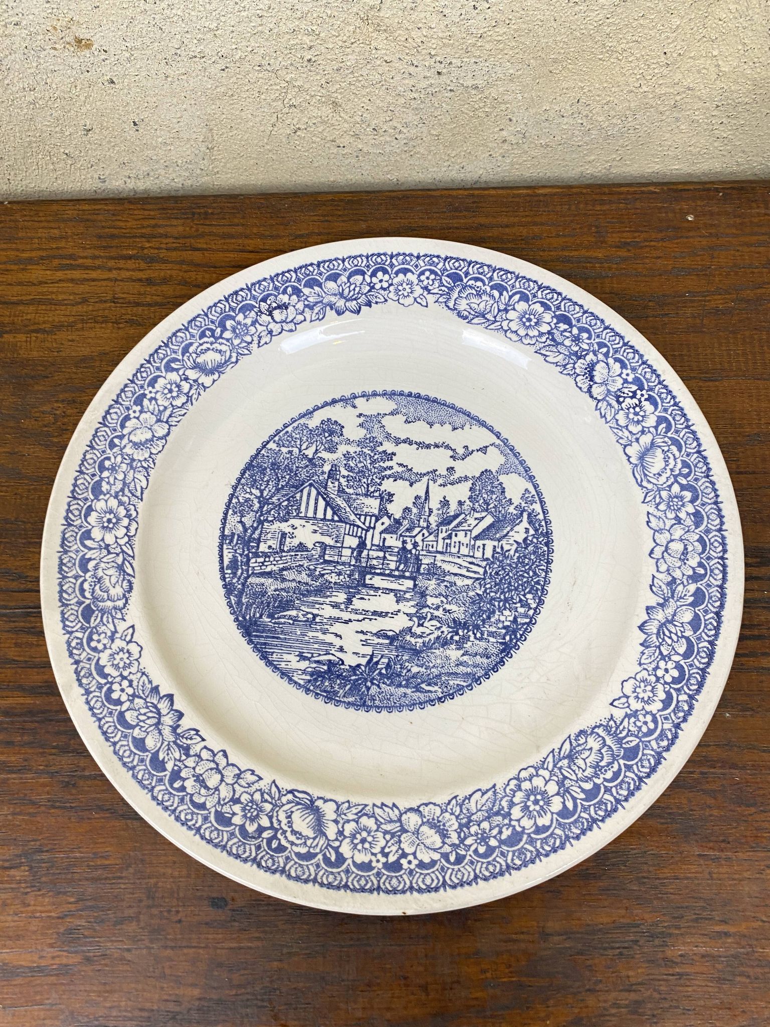 Large blue and white porcelain plate 20th art nouveau