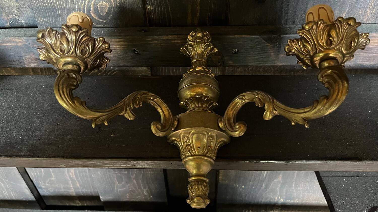 Pair of vintage golden bronze 2-light wall lights