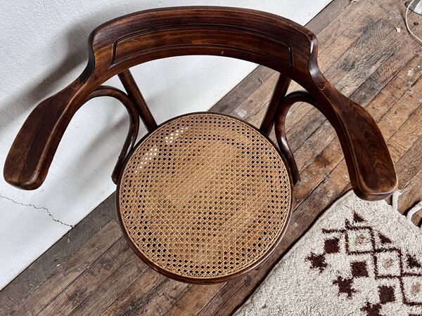 Fauteuil de bureau bistrot Fischel cannée cannage vintage 1950