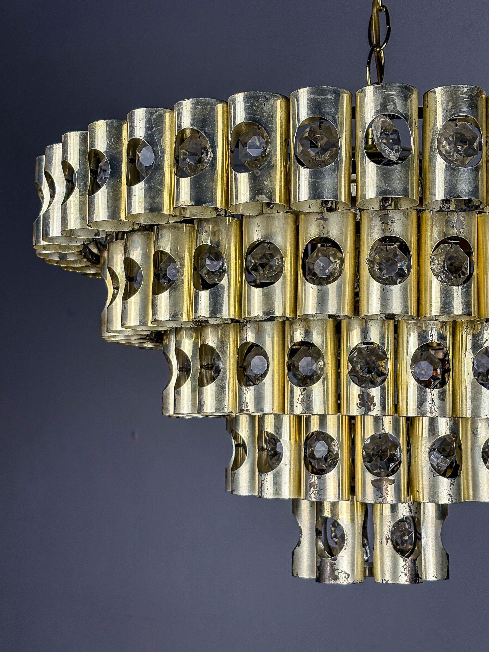 Gaetano Sciolari 5-tier chandelier, brass & crystal, Italy, 1970s