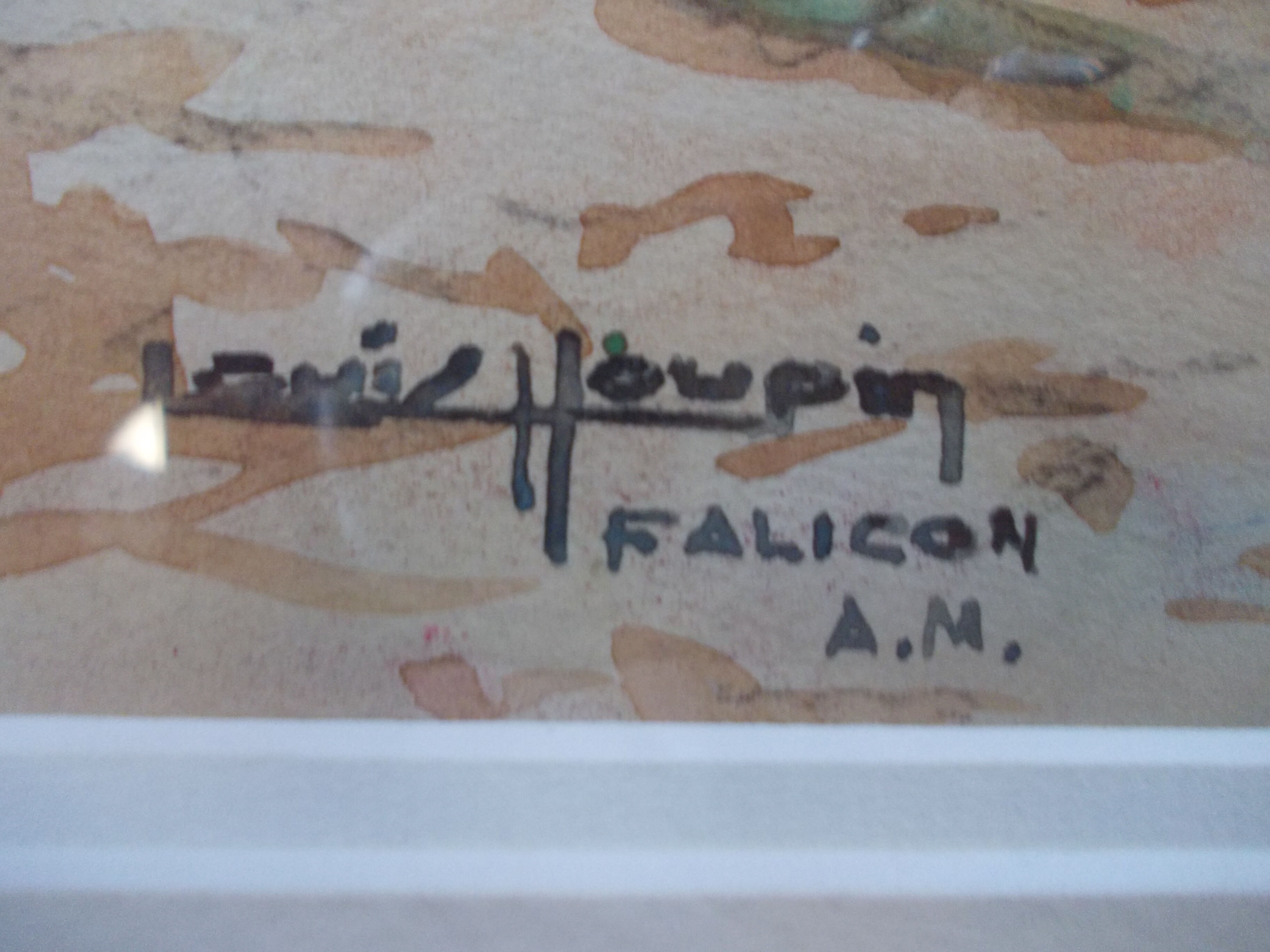 Watercolor by Louis Houpin, rue du four falicon alpes maritimes 06, reframed wood and gold