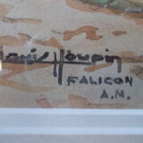 Aquarelle de Louis Houpin : rue du four falicon alpes maritimes 06, réencadrée bois et or