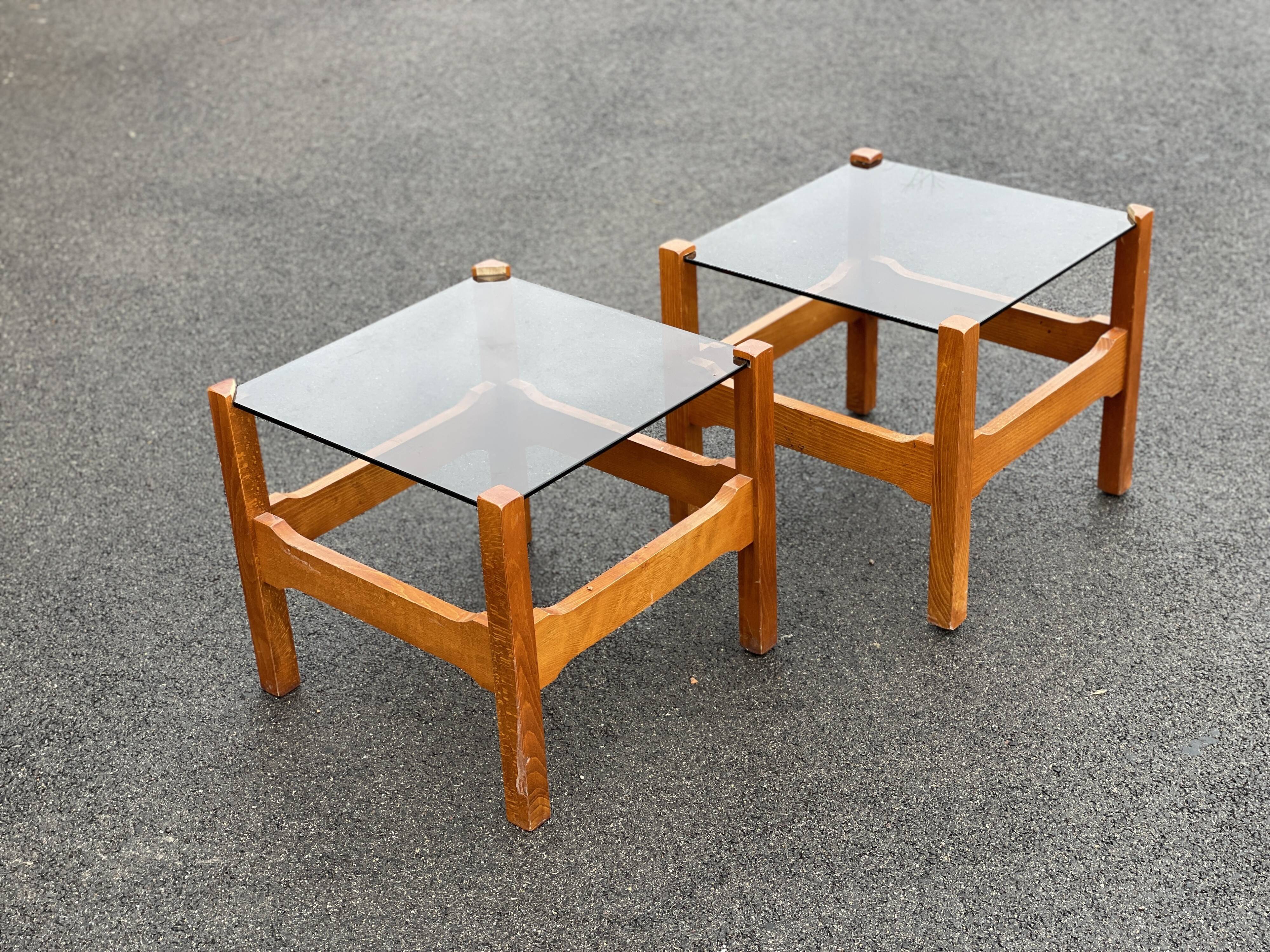 Pair end of sofa vintage wood smoked glass coffee table 1970