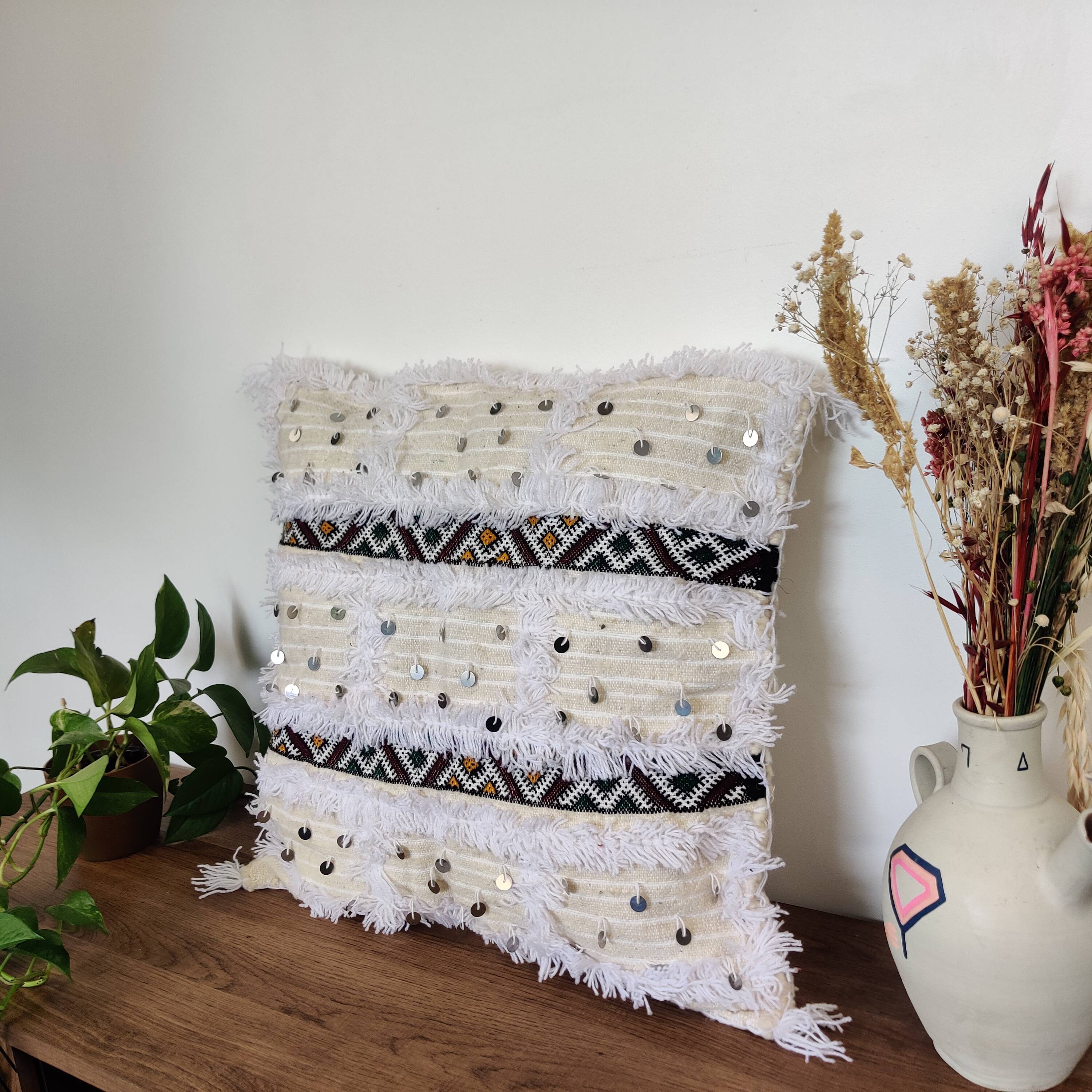 Moroccan white handira kilim cushion