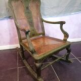 19th century Japanese rocking chair, green lacquer and canework