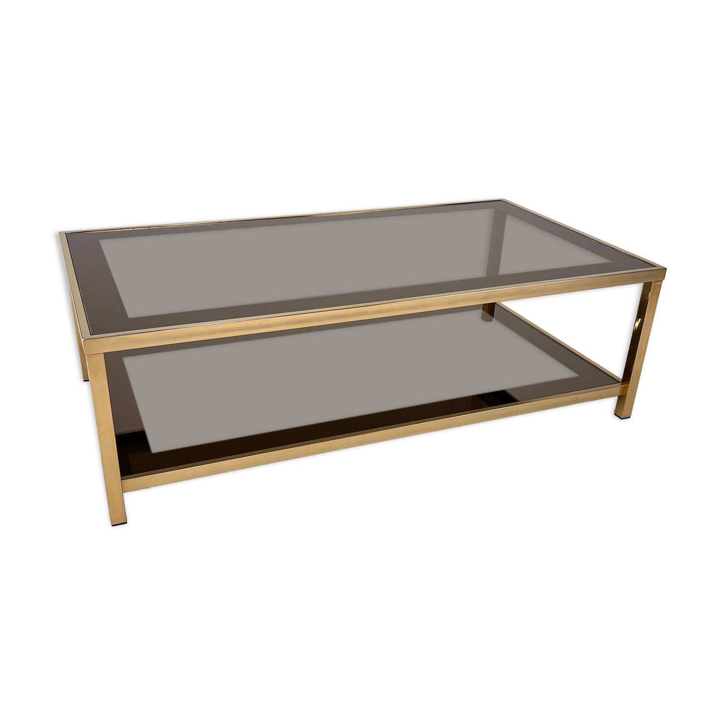 Belgo Chrome coffee table in brass and smoked mirror glass, 1970s.