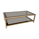 Table basse Belgo Chrome en laiton et verre fumé miroir, années 1970