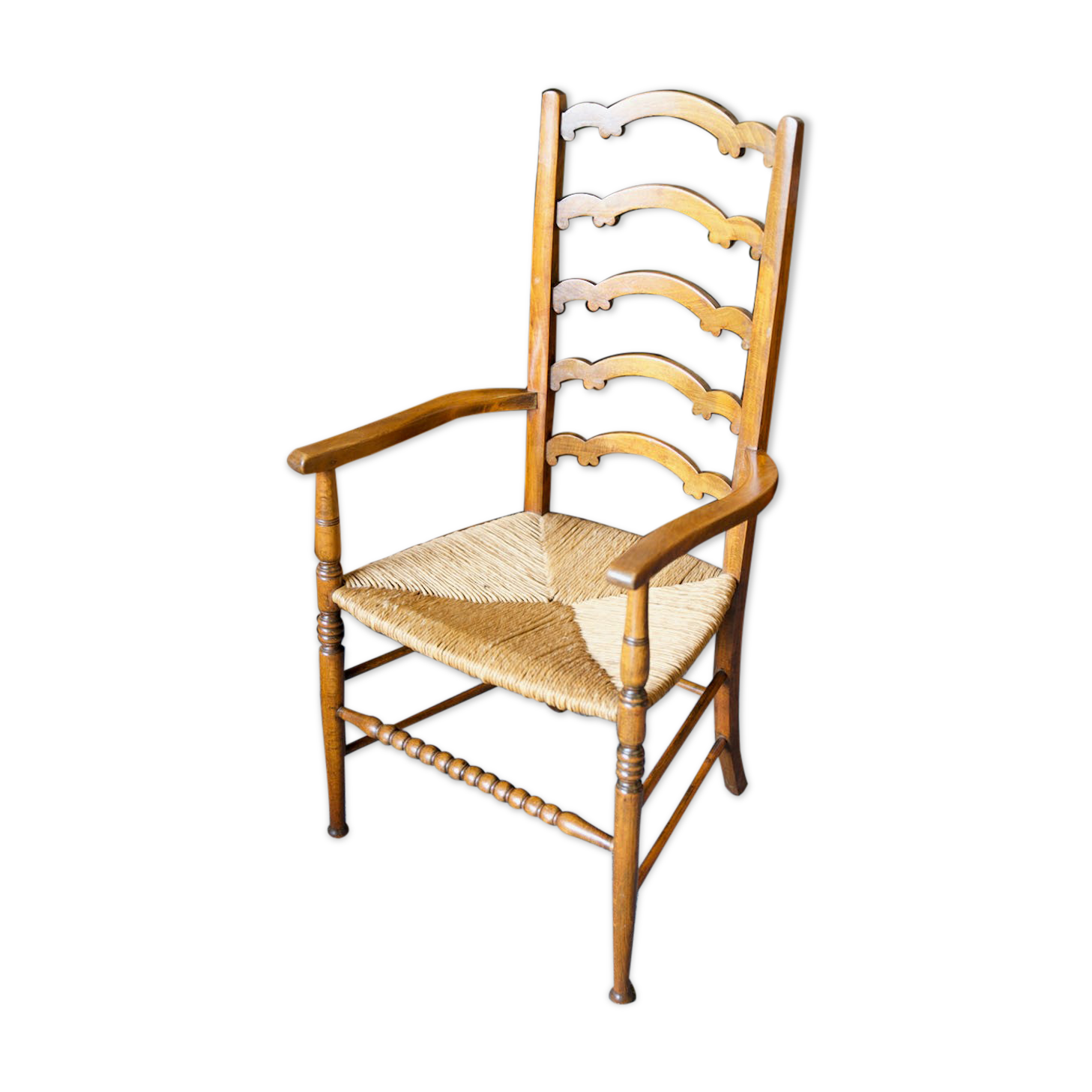 Arts & crafts solid oak ladder back occasional chair with rush seat