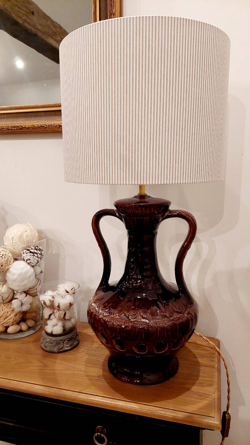 Vintage ceramic lamp, striped cotton shade
