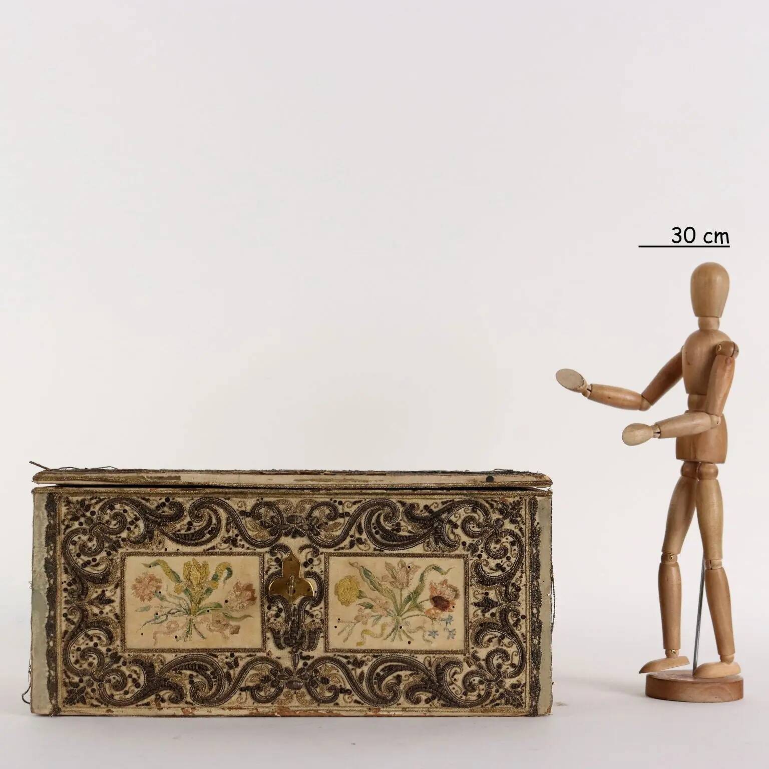 Antique wooden box with fabric and beads, Europe 19th Century