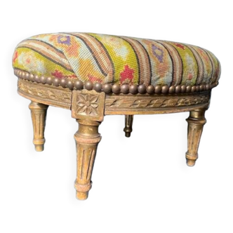 Tabouret de pied ancien en bois et tapisserie au petit point napoléon III, XIXème