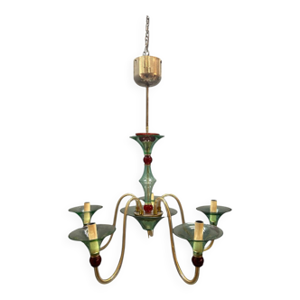 Postmodern Murano Glass 5-Arm Chandelier in Green and Red, Italy, 1980