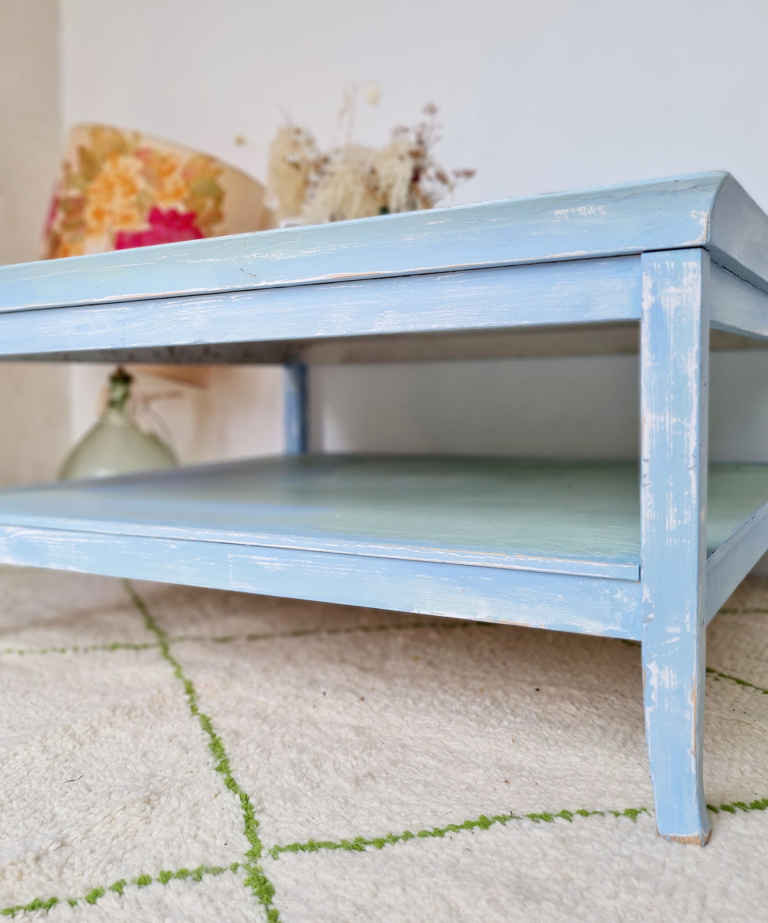 Coffee table in square wood renovated blue