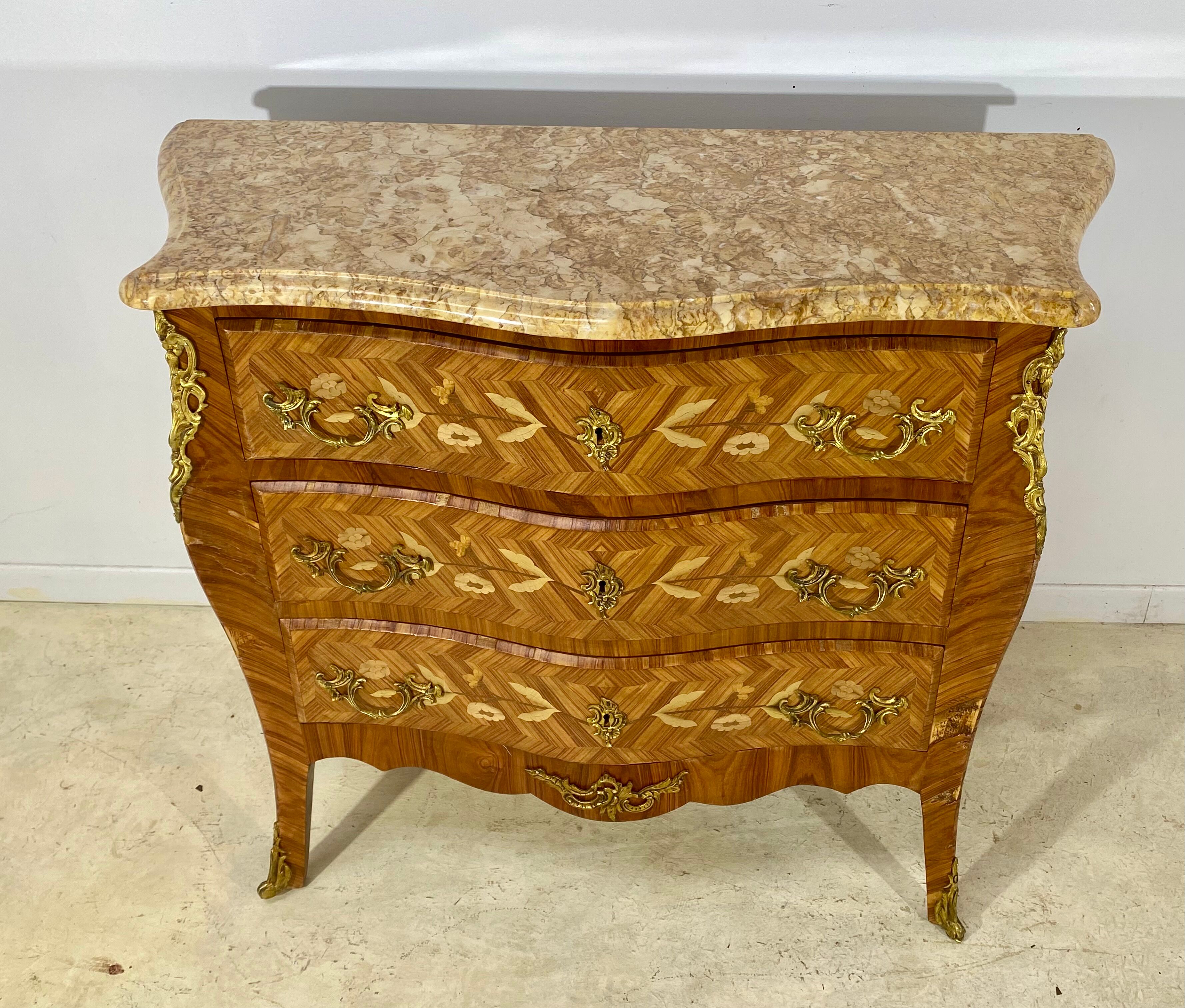 Inlaid chest of drawers Louis XV marble top