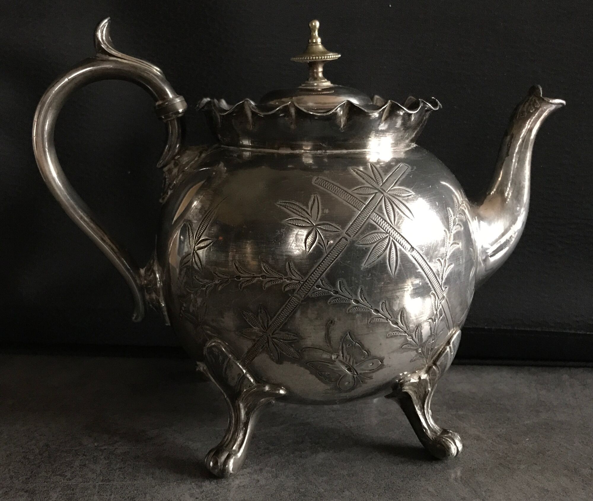 Old teapot pourer in silver metal decorated with foliage and butterflies