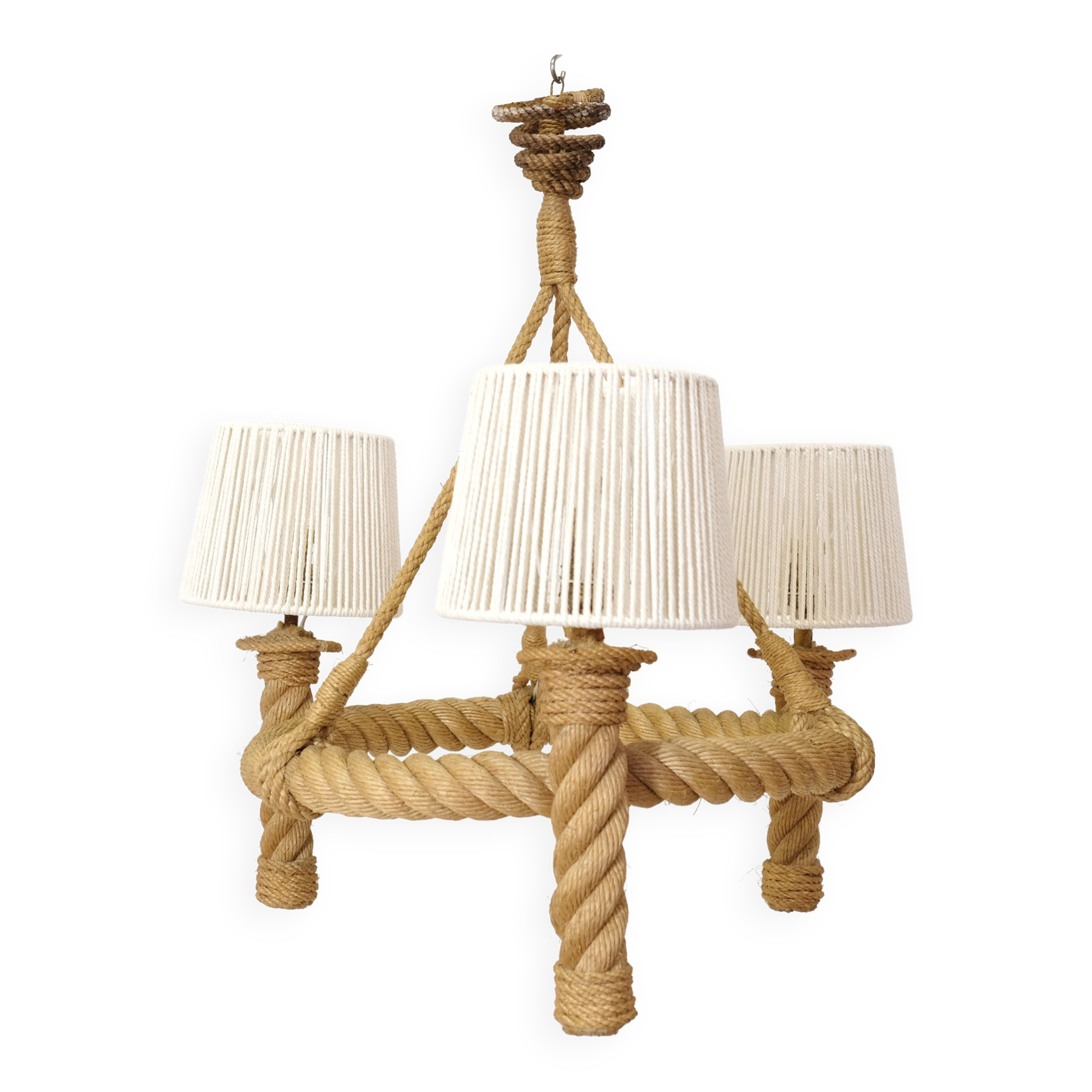 Three-light braided rope pendant light, 1950-1960.