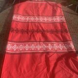 Rectangular tablecloth, Basque household linen in red cotton with black and white embroidery, vintage