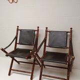 Pair of vintage "safari" folding armchairs in mahogany and leather