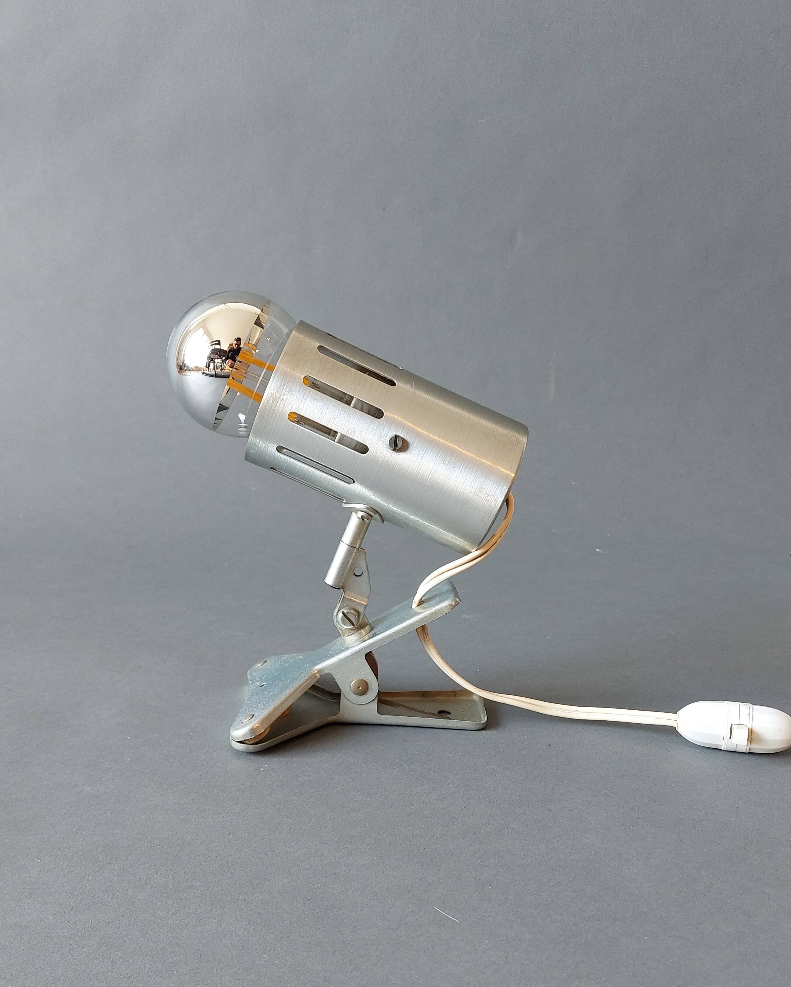 Vintage 1960 brushed aluminum clamp spotlight.