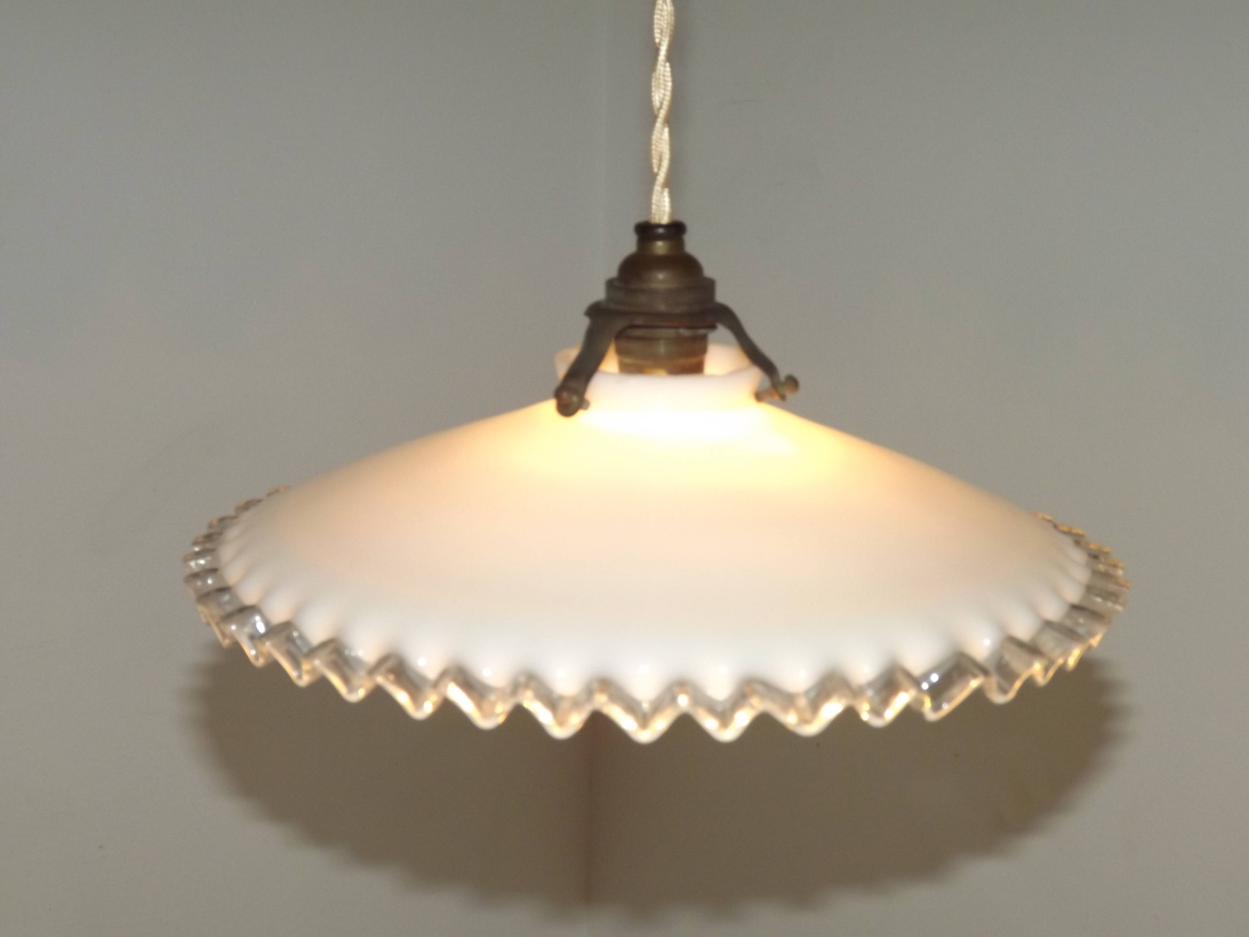 Vintage French Art Deco White Opaline Glass Pendant Light with Frilled Edge 5563