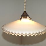 Vintage French Art Deco White Opaline Glass Pendant Light with Frilled Edge 5563