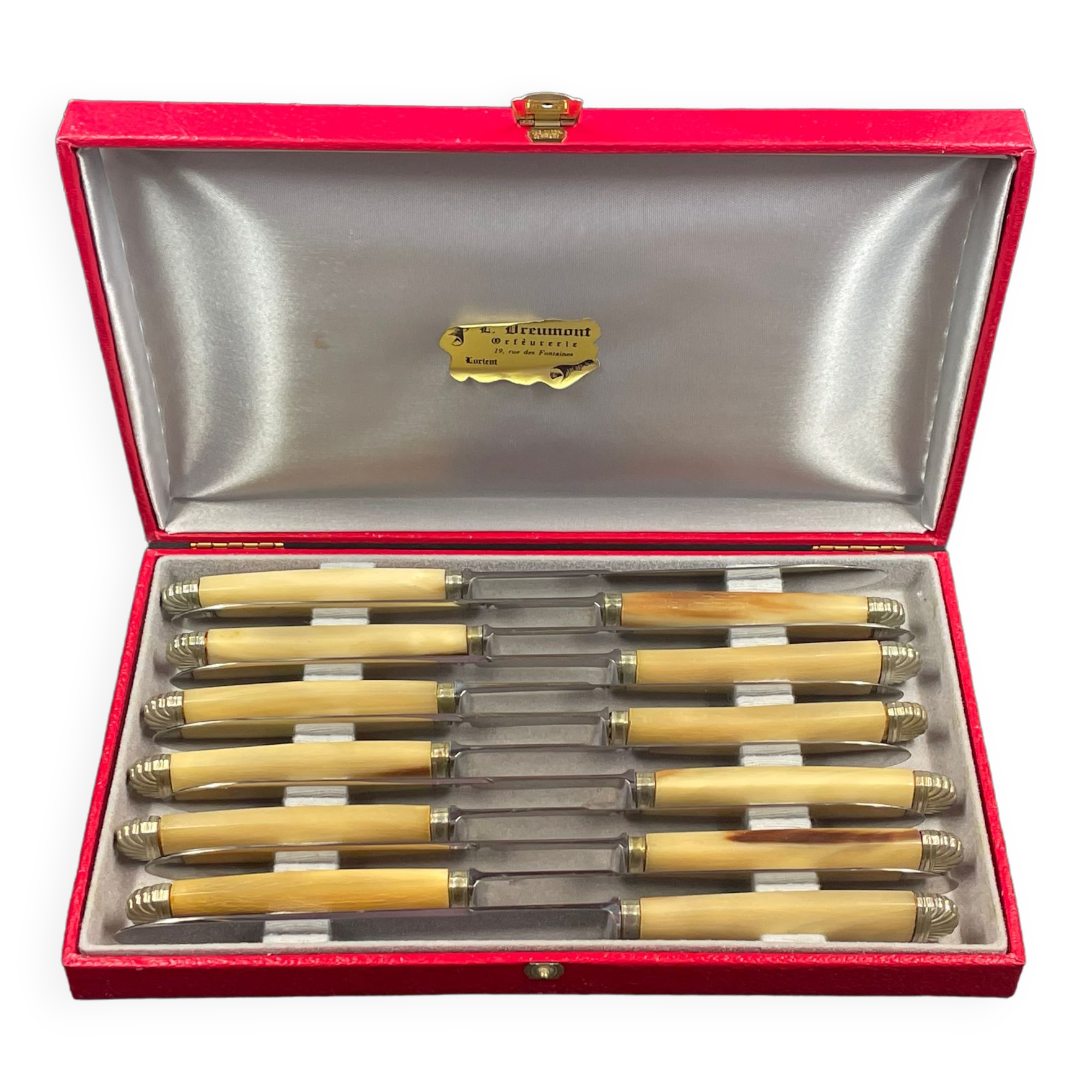 Box 12 stainless steel knives art deco horn