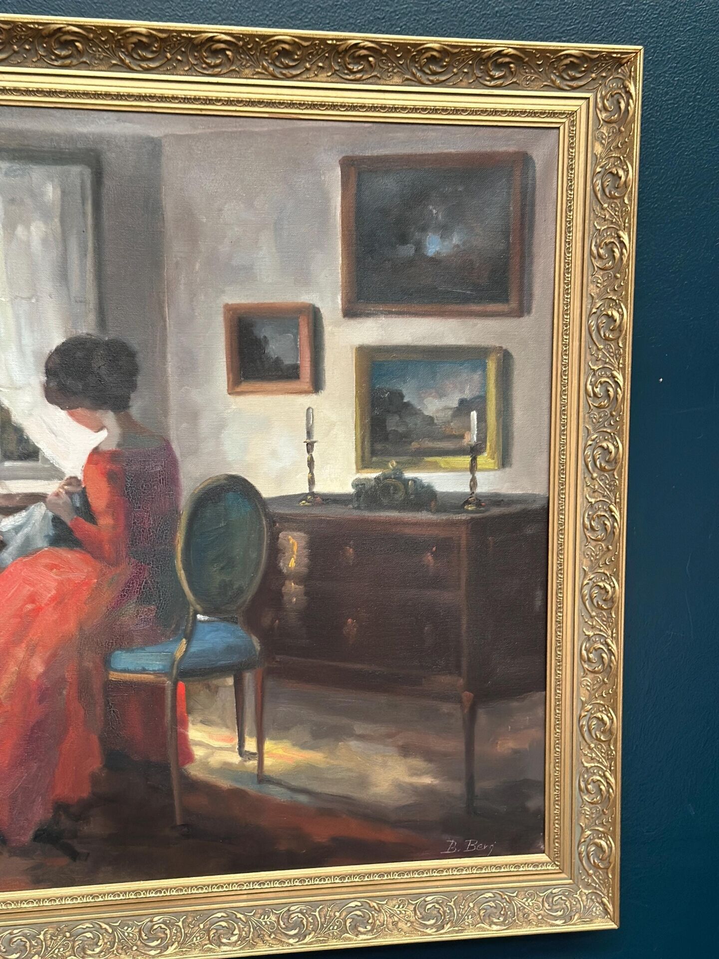 Scandinavian Oil on Canvas – Interior Scene by Bente Berg – Vintage