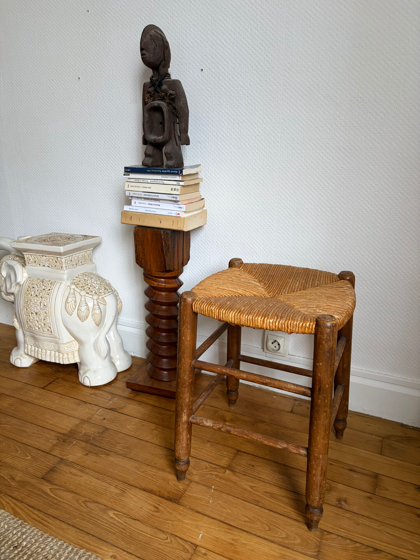 Straw seat wooden stool
