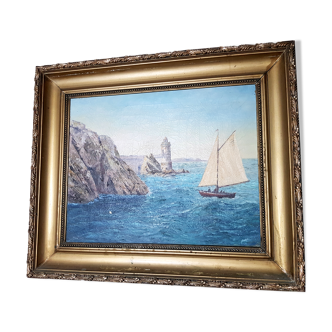 Huile sur toile, bord de mer et bateaux, école française du XXème