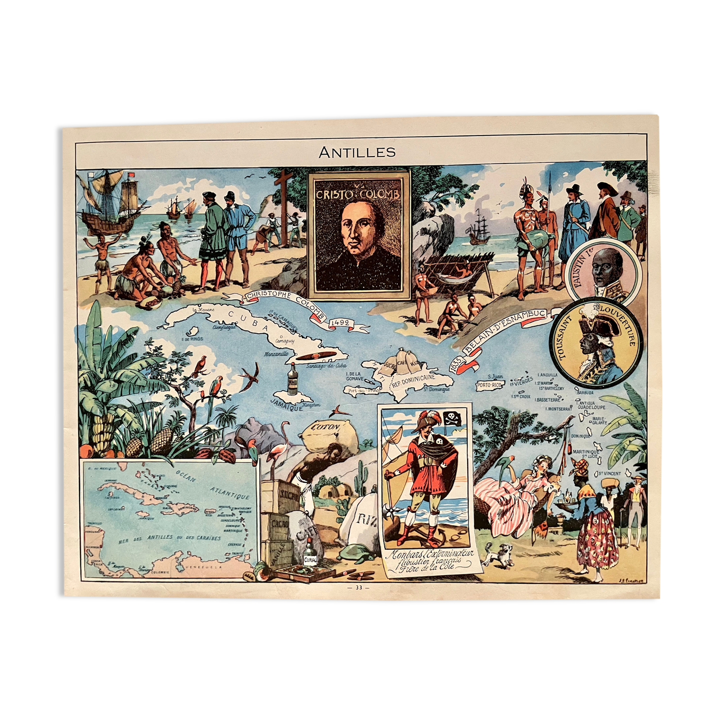 Old poster map of the West Indies 1948 - JP Pinchon