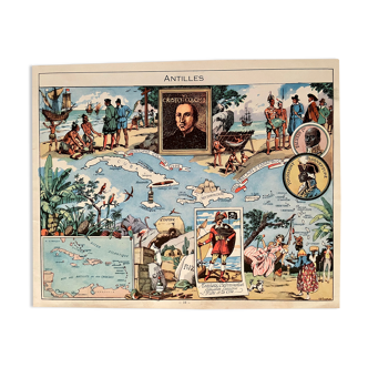 Affiche ancienne carte des Antilles 1948 - JP Pinchon