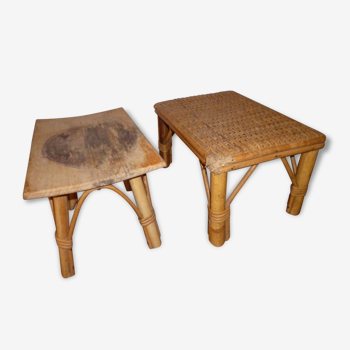 Lot de 2 petits tabourets 1900 1960 osier rotin