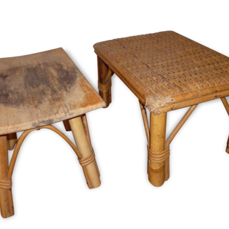 Lot de 2 petits tabourets 1900 1960 osier rotin