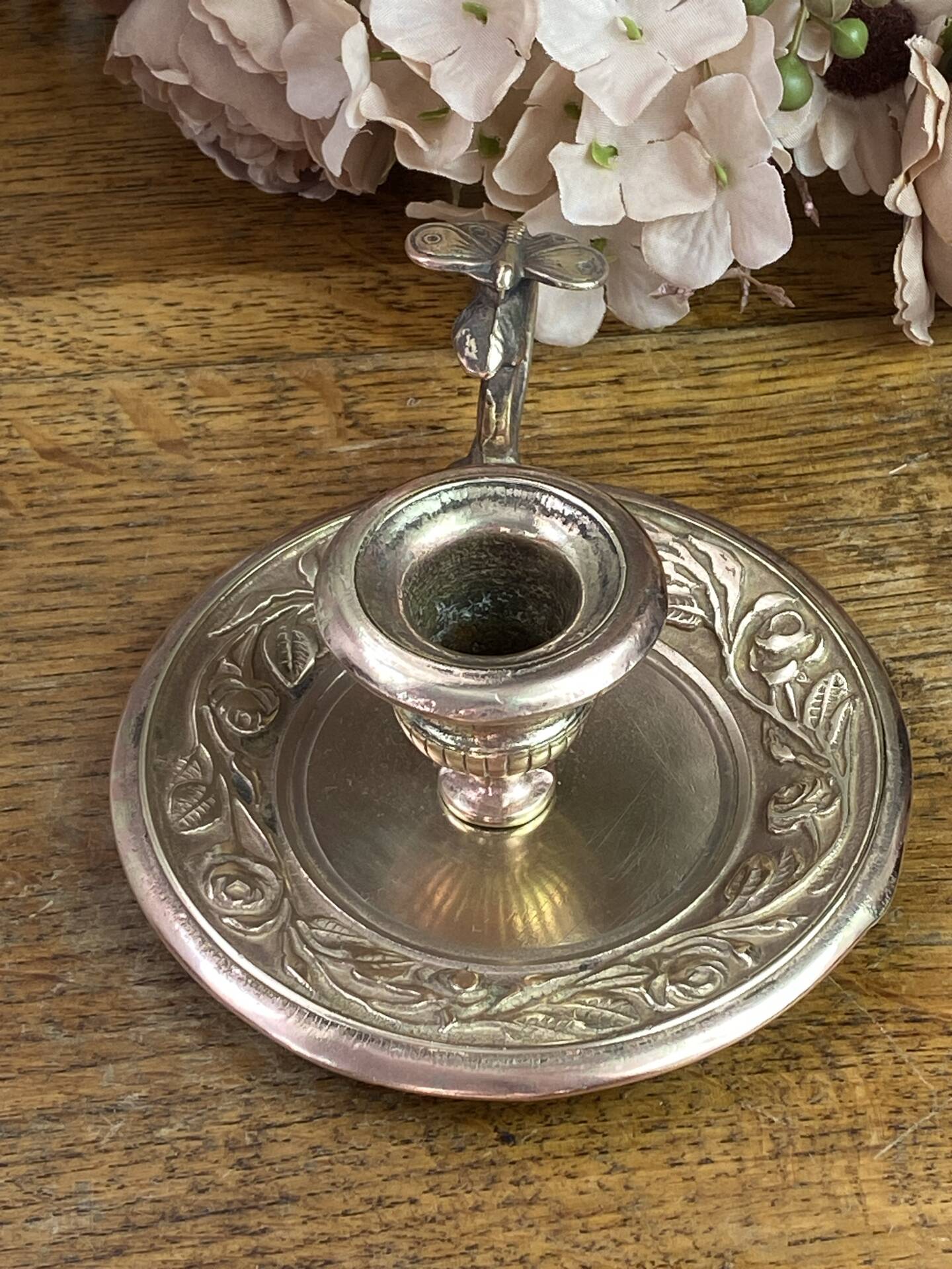 Hand candle holder, butterfly decoration, solid brass