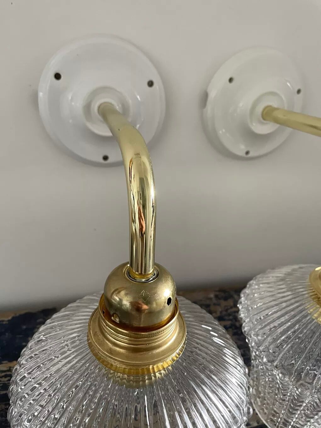 Pair of vintage electrified glass wall lamps