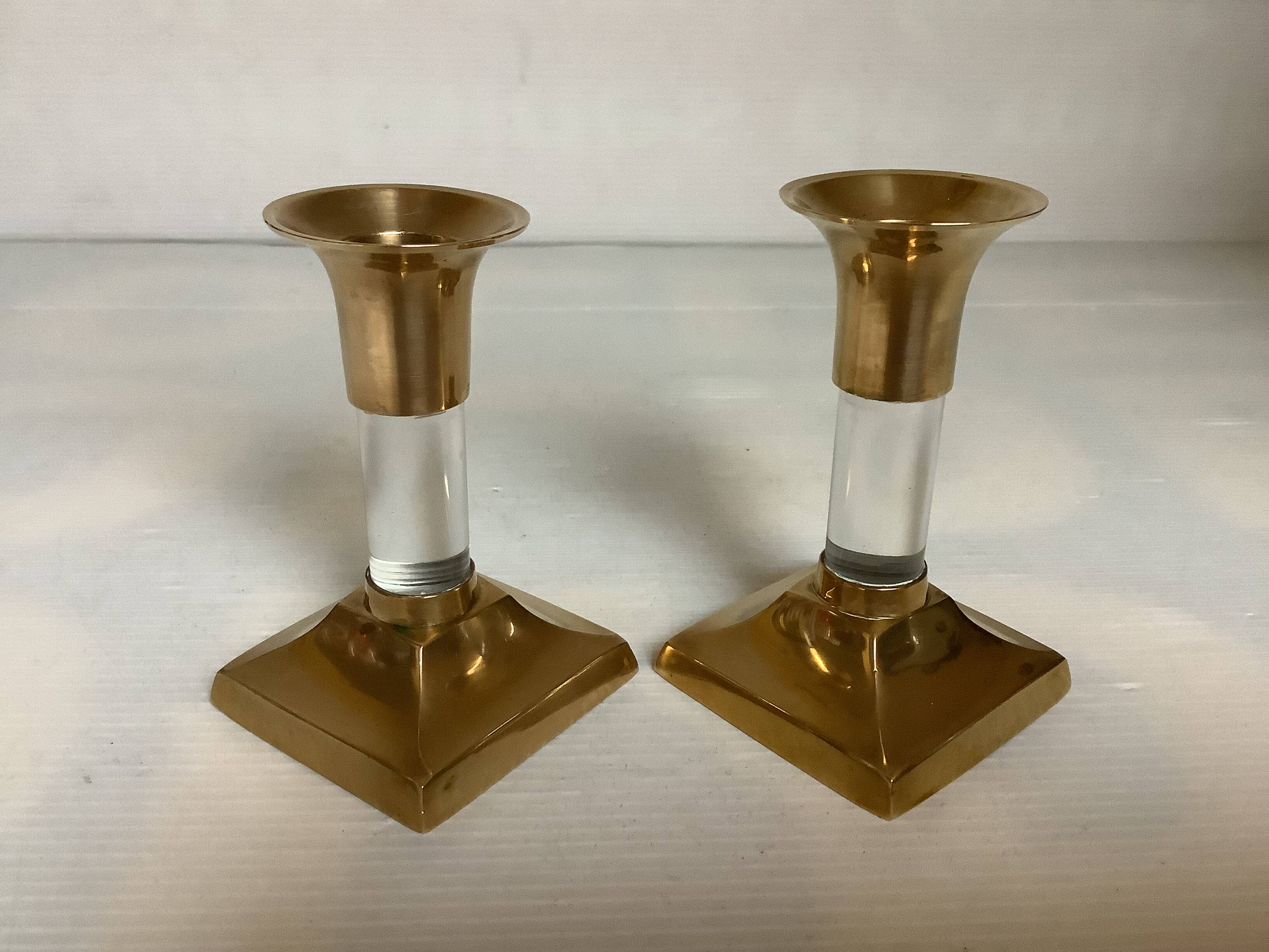 Pair of small brass and glass candlesticks