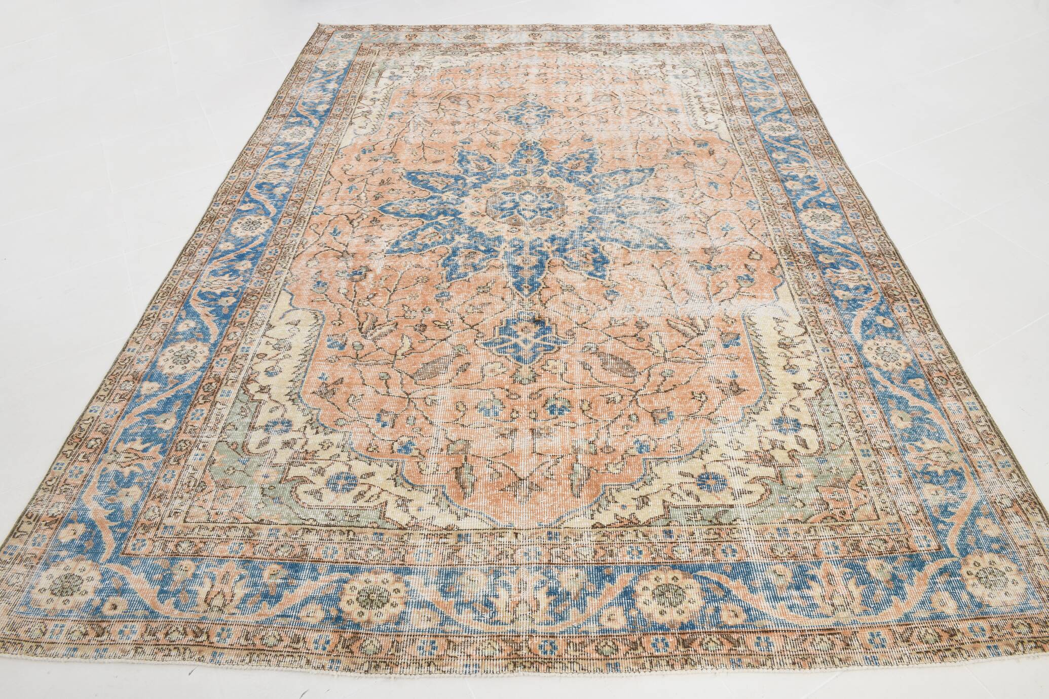 Soft Peach & Blue Oushak Vintage Rug, Made in Anatolian, 220x304 Cm