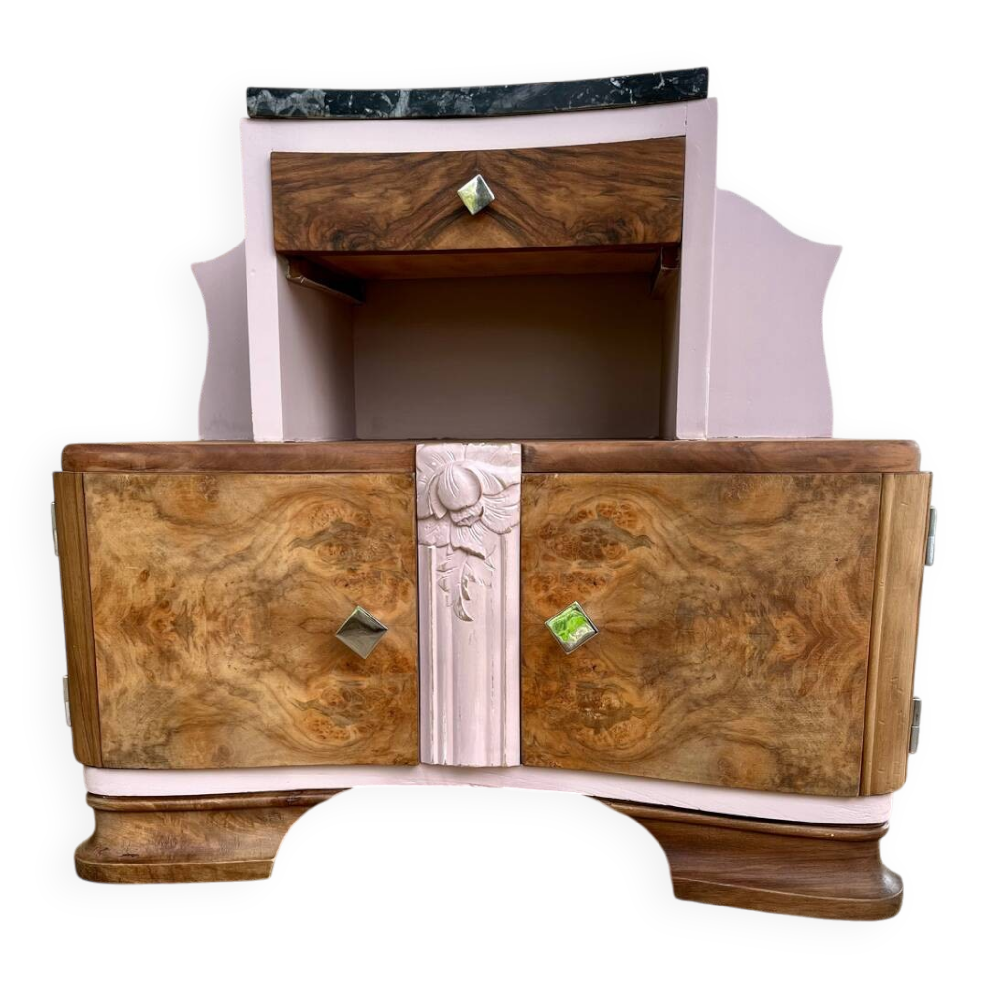 Art Deco bedside table in powder pink painted wood.