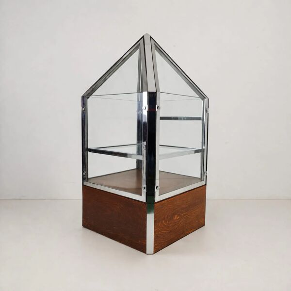 Vitrine d'exposition Bijenkorf Arnhem des années 1980 – vitrine architecturale en chrome