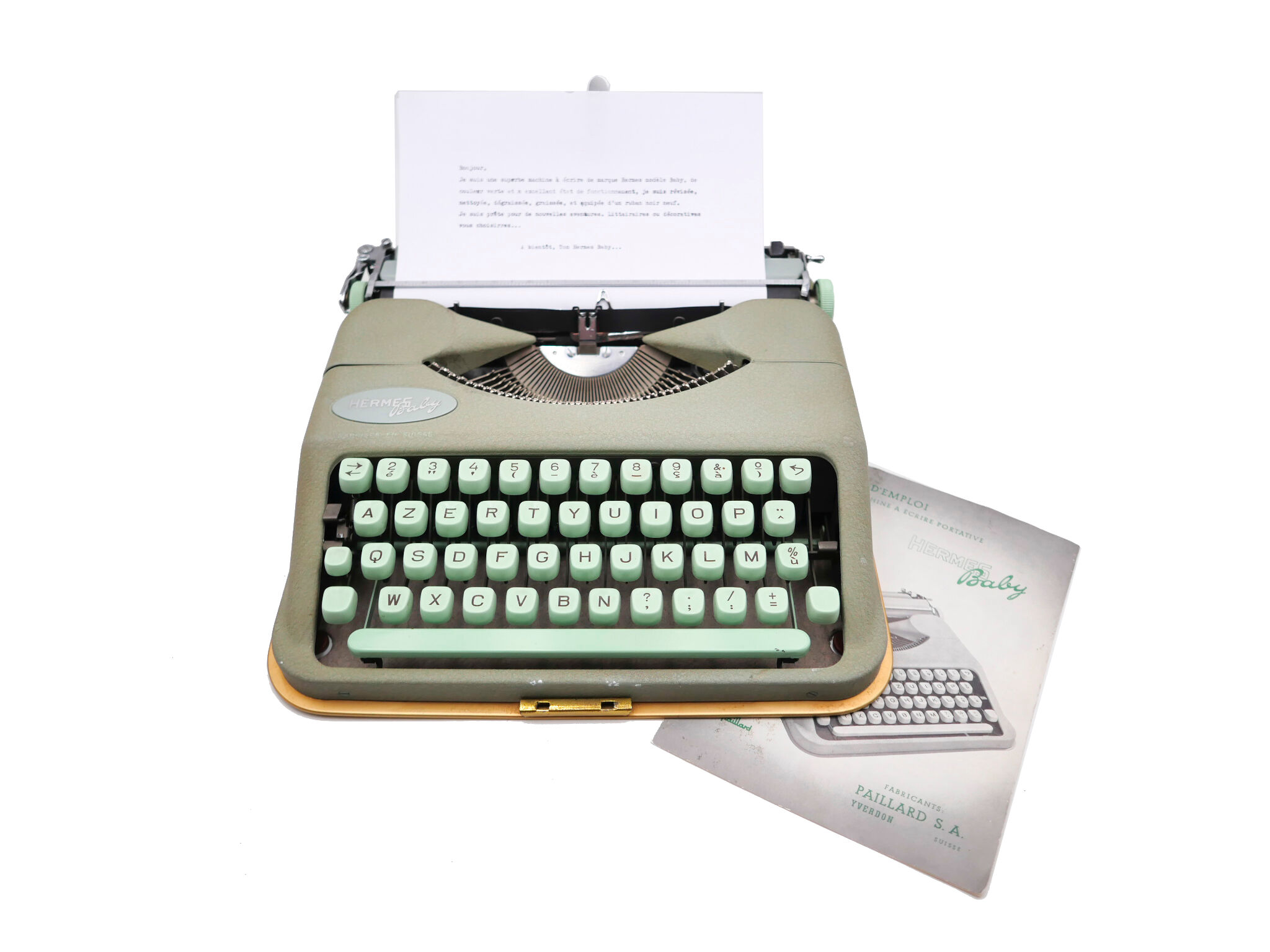 Typewriter hermes baby rocket lime green with its brown suitcase revised ribbon new