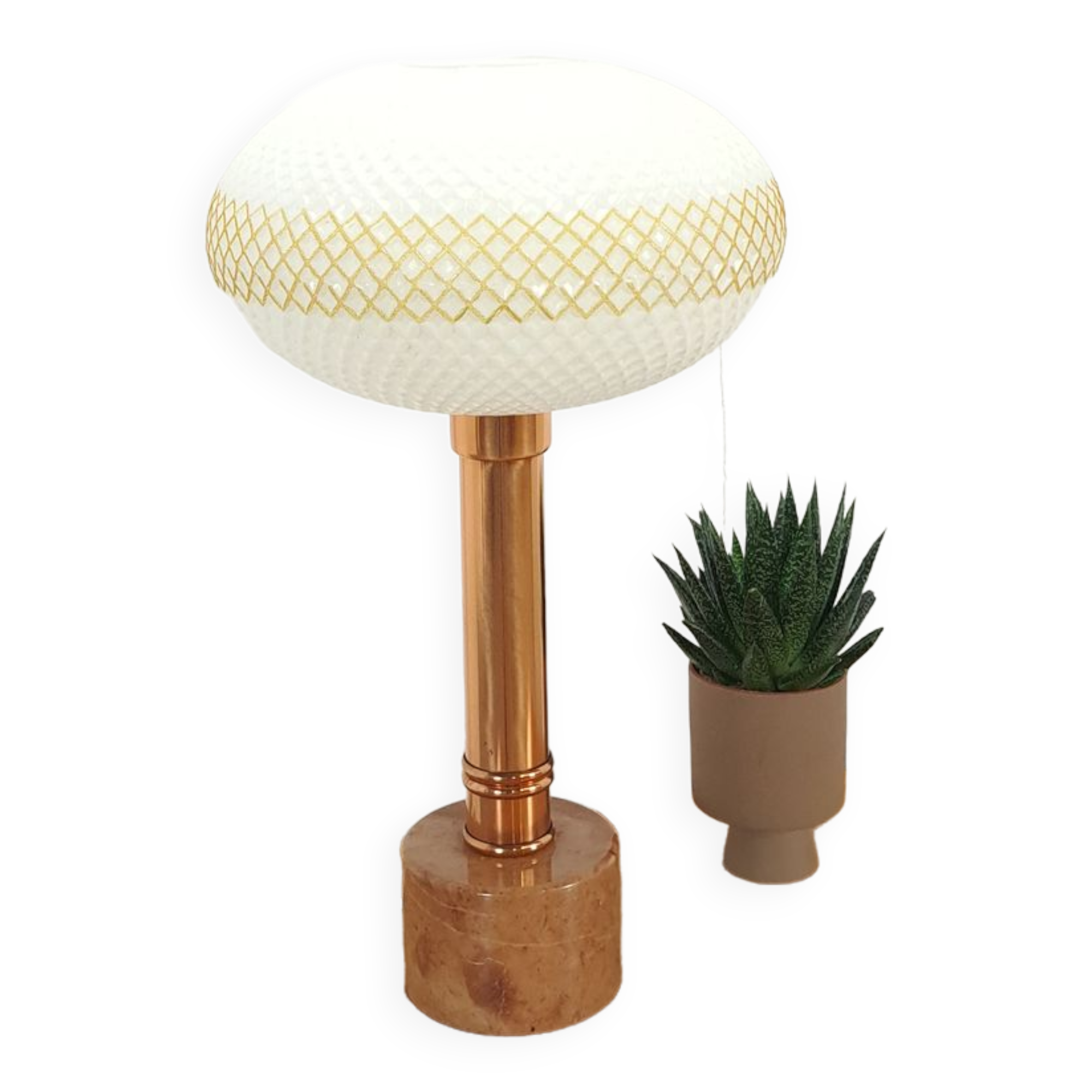 Vintage table lamp marble base with copper and milk glass shade