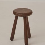 Vintage French tripod brutalist stool in solid wood (oak) C. 1960