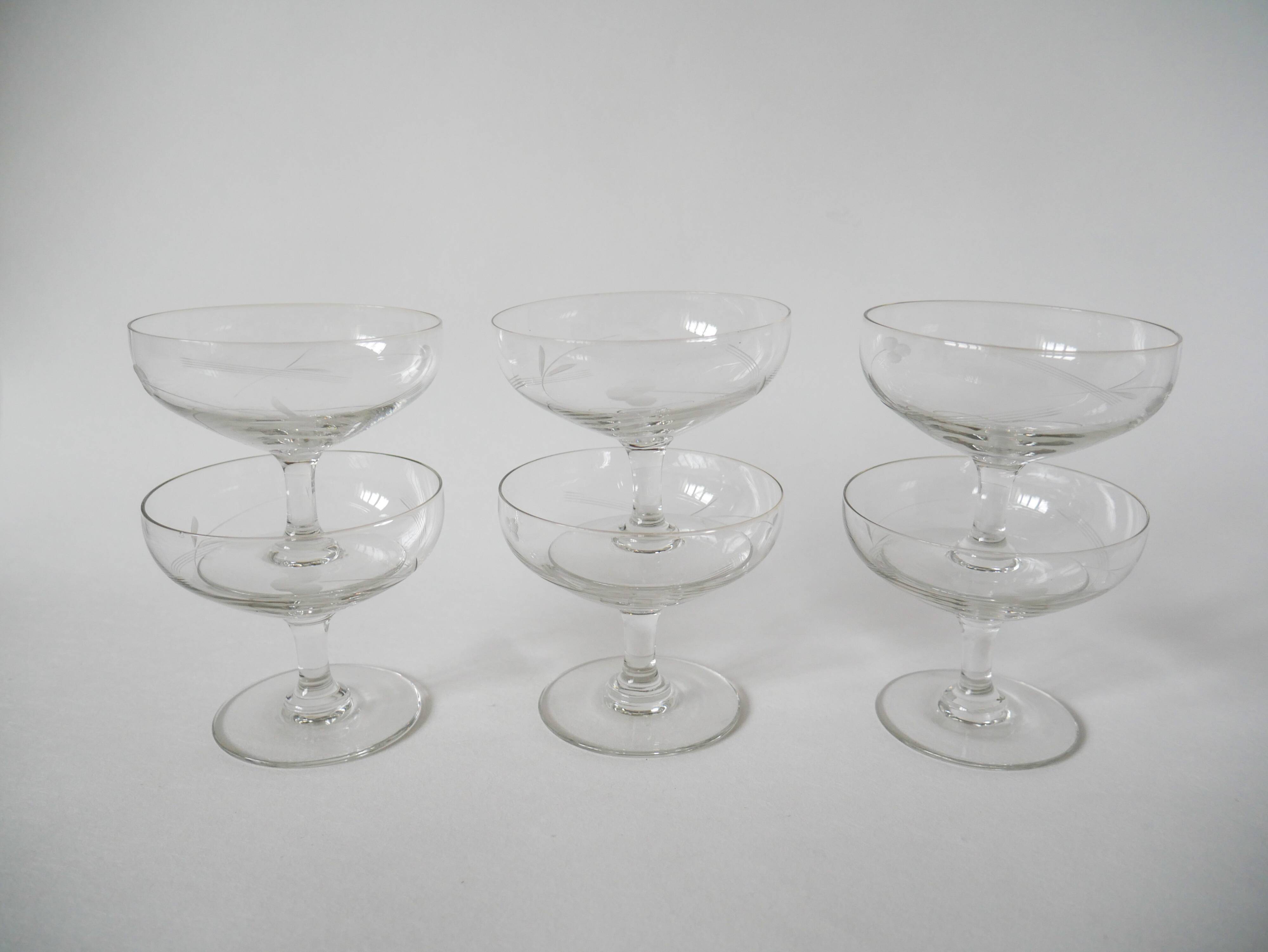 Set of 6 engraved crystal champagne glasses 1960