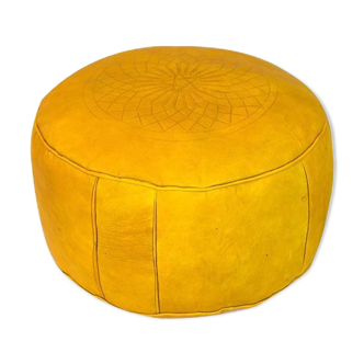 Yellow leather Pouf Fes handmade 40 x 25 cm
