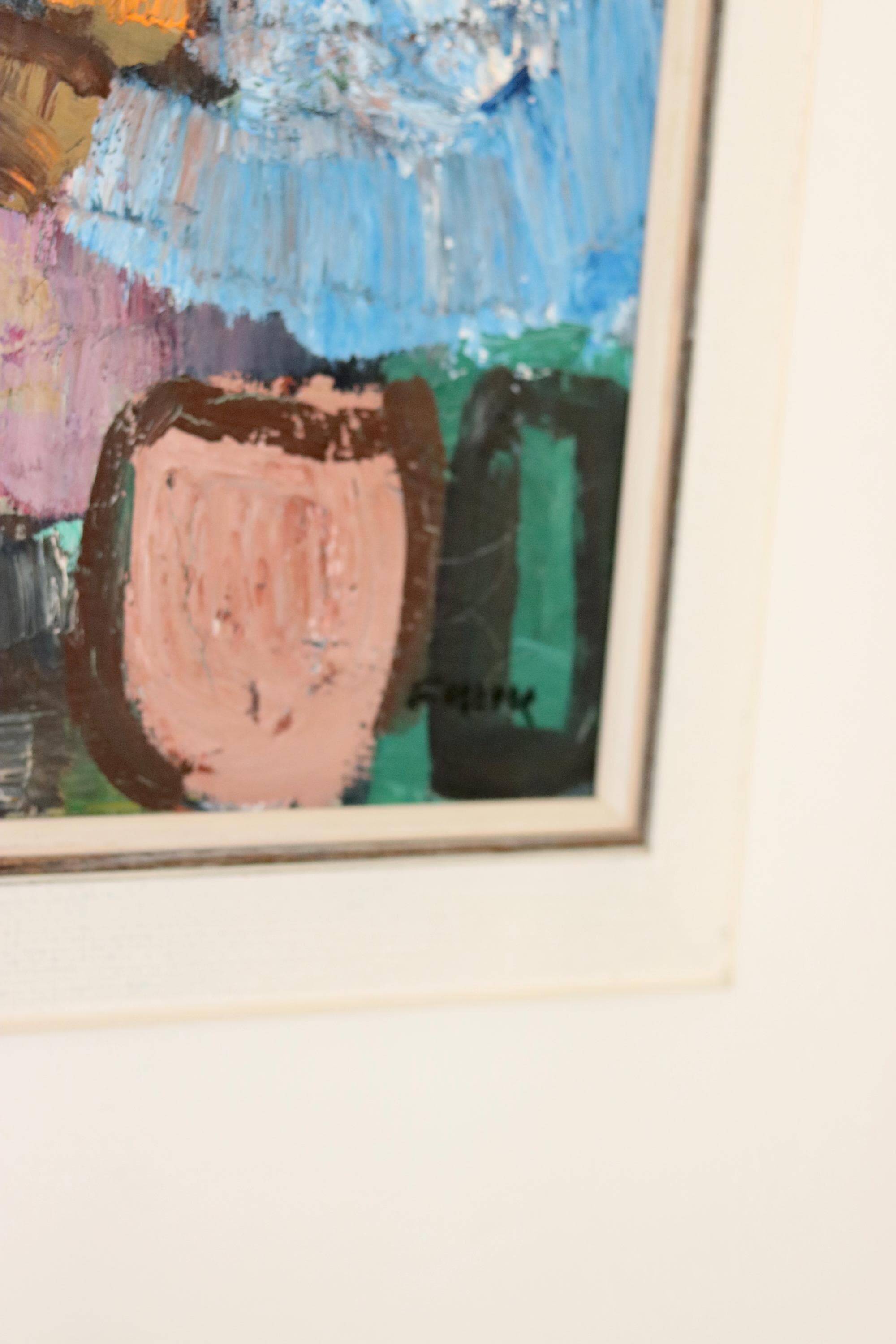 Grande peinture à l'huile moderniste suédoise « Mère et fille » par Gösta Falck vers 1960 - Vintage et encadrée