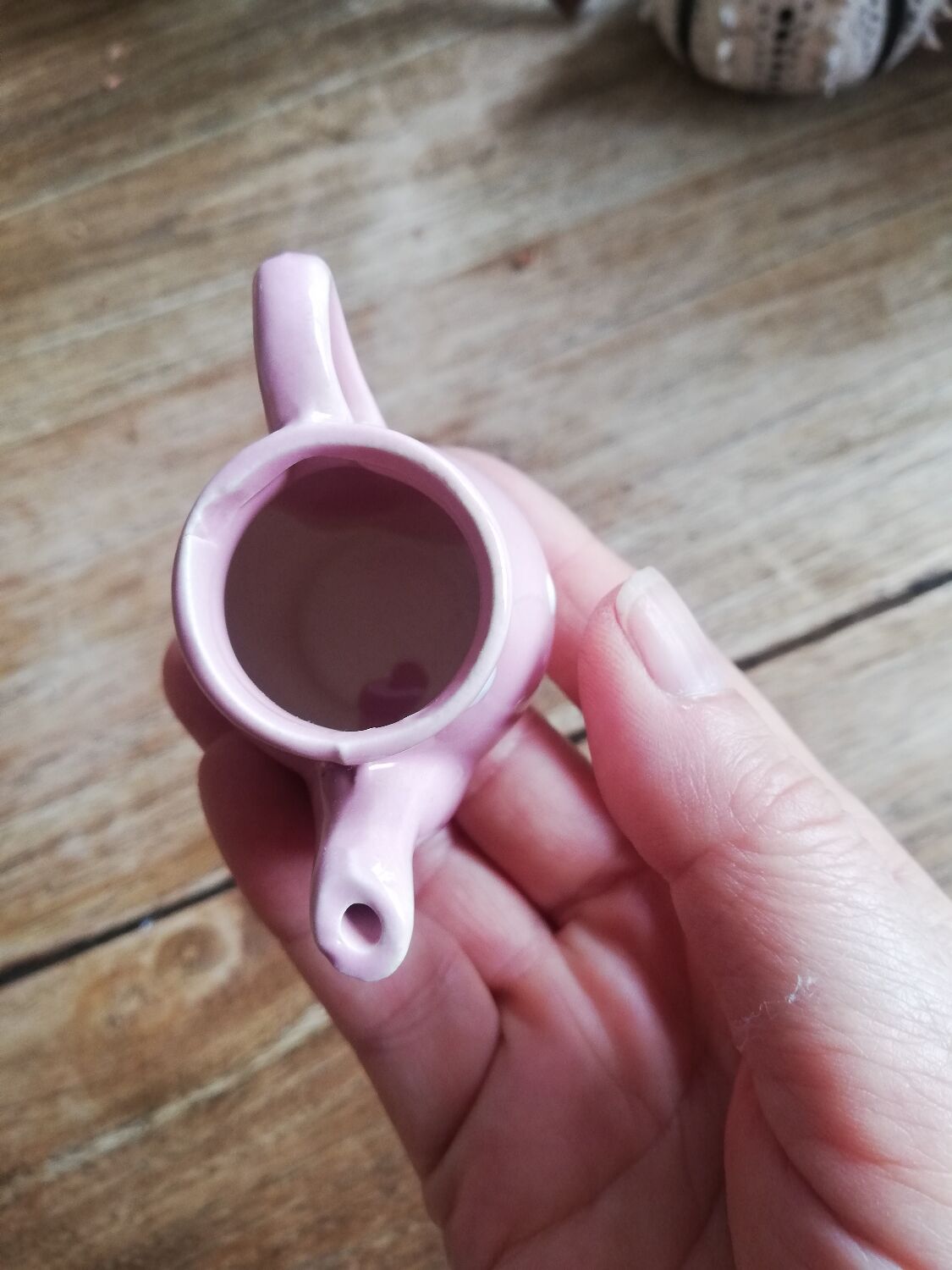 Miniature pink pitcher with white polka dots for play kitchen or dollhouse