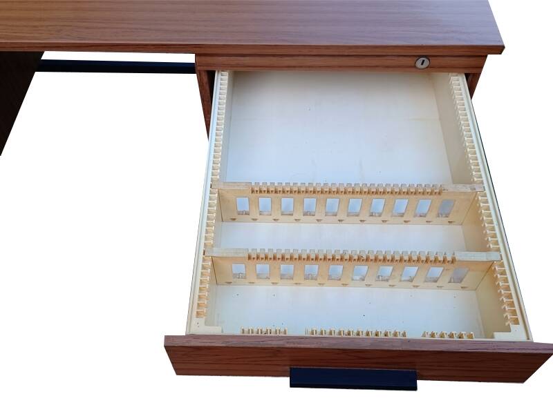 Modernist desk with double drawers in formica and metal, 1960.