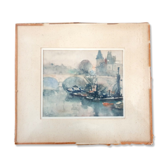 Aquarelle, fusain et lavis sur papier "Bateau près du Pont Neuf à Paris"$, André Duculty (1912-1990)